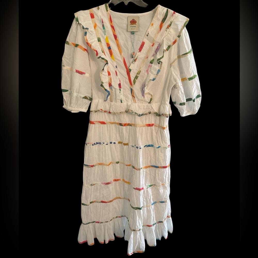 FARM Rio White Midi Dress with Multicolor Stripes